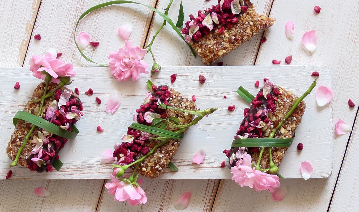 Vegan Chocolate-Dipped Raspberry Rose Oat Bars