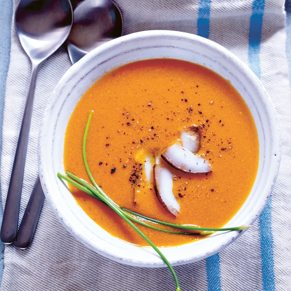 Silky Vegan Coconut Tomato Soup With Charred Garlic Toast