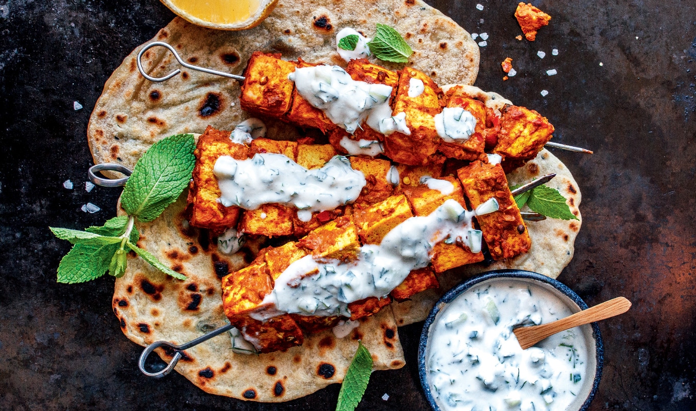 Vegan Tandoori Tofu Skewers With Yogurt Sauce