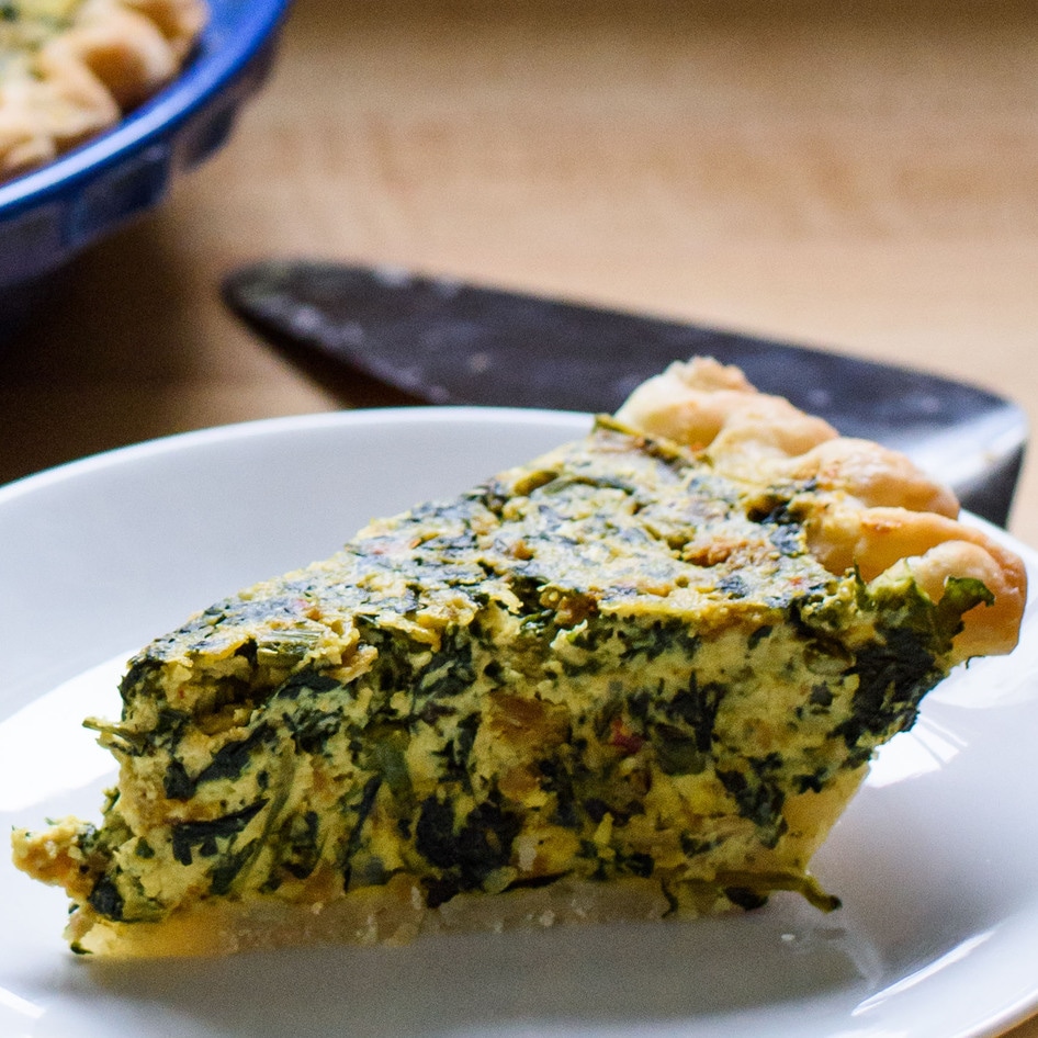 Fluffy Vegan Sausage Quiche With Spinach and Asparagus