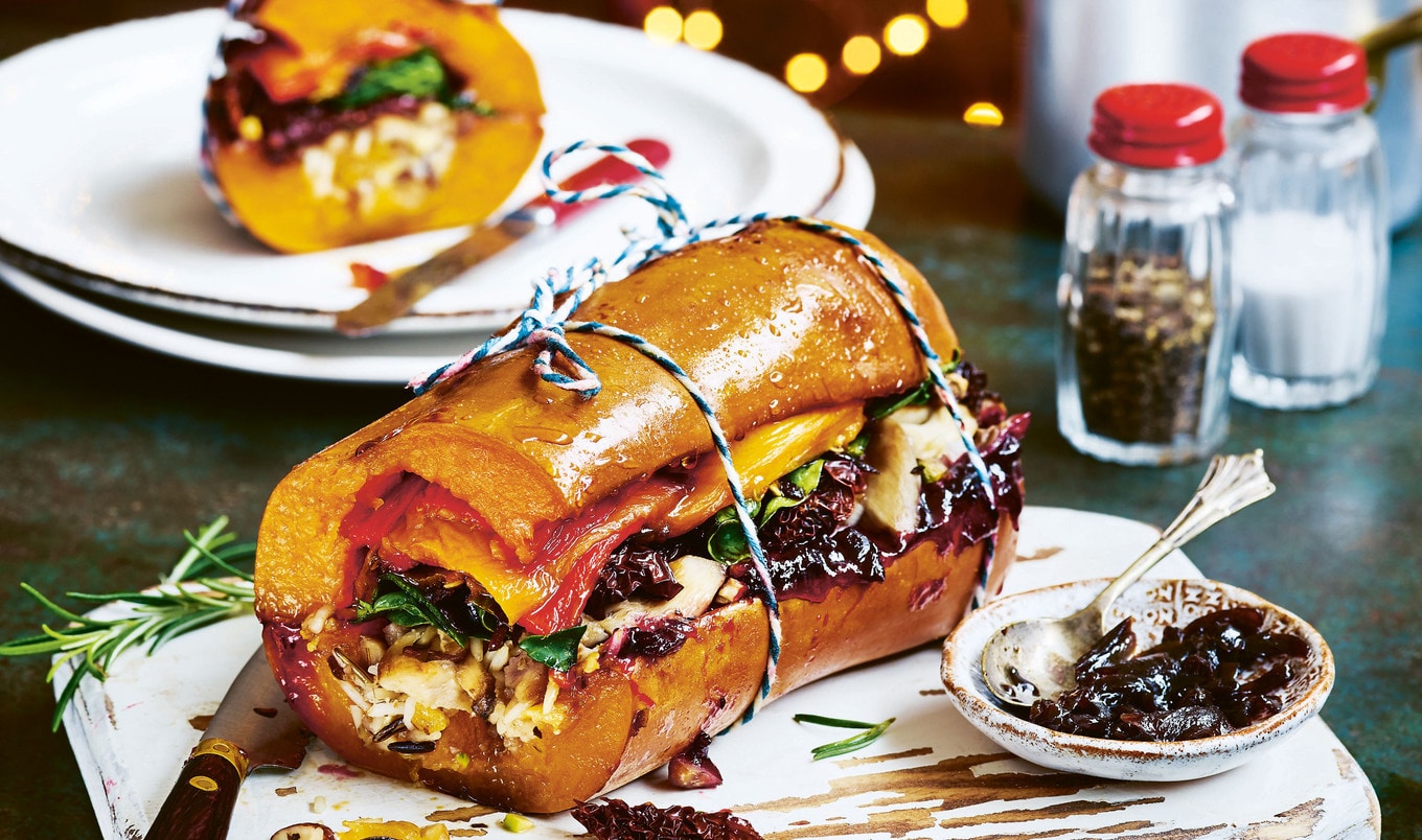 Vegan Stuffed Squash Roast With&nbsp;Cranberry-Orange Sauce