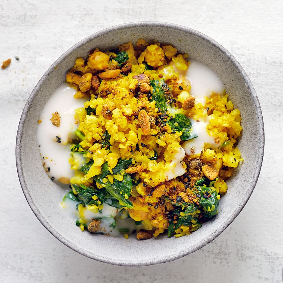 Riced Cauliflower Bowl With Chickpeas and Pistachio Dukkah