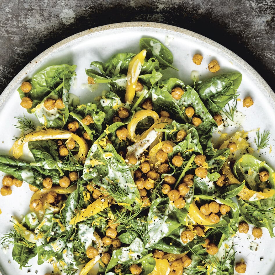 Zesty Vegan Spinach Salad With Blackened Chickpeas