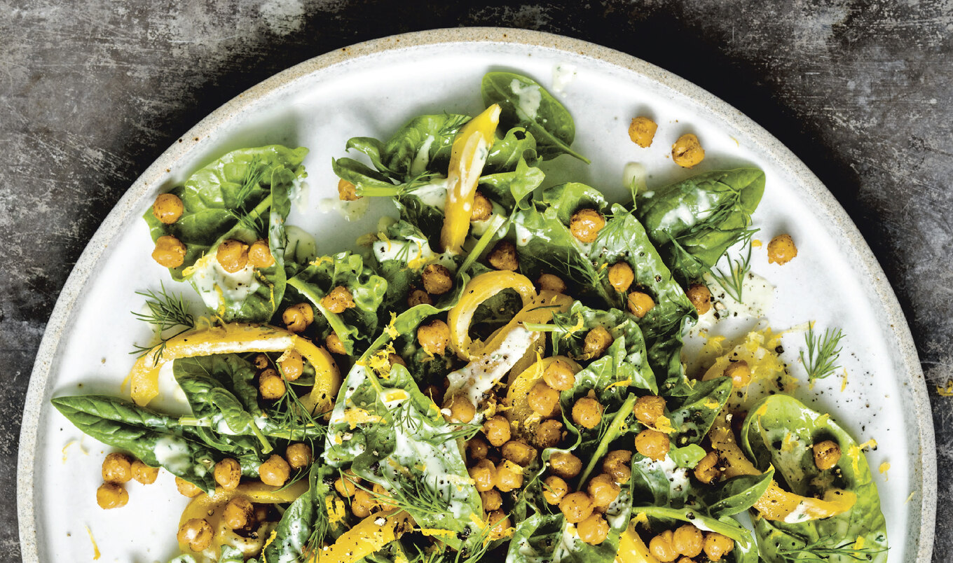 Zesty Vegan Spinach Salad With Blackened Chickpeas