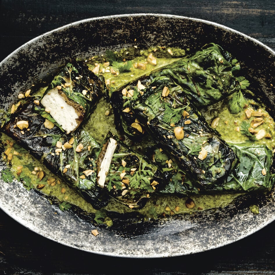 Vegan Jerk Tofu Wrapped in Collard Leaves