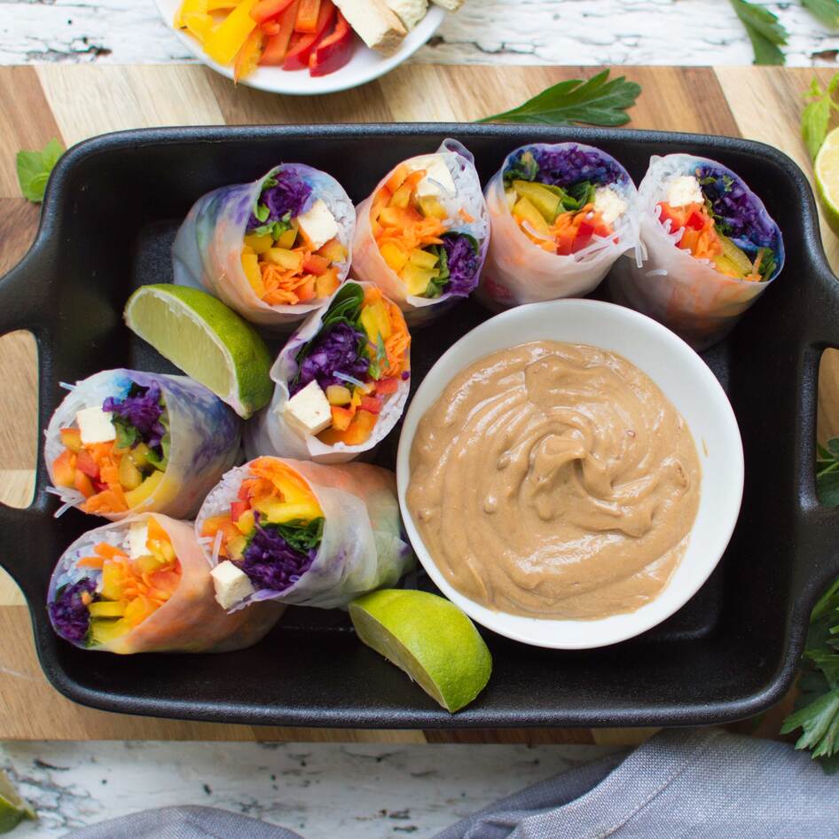 Rainbow Spring Rolls With Peanut Dipping Sauce