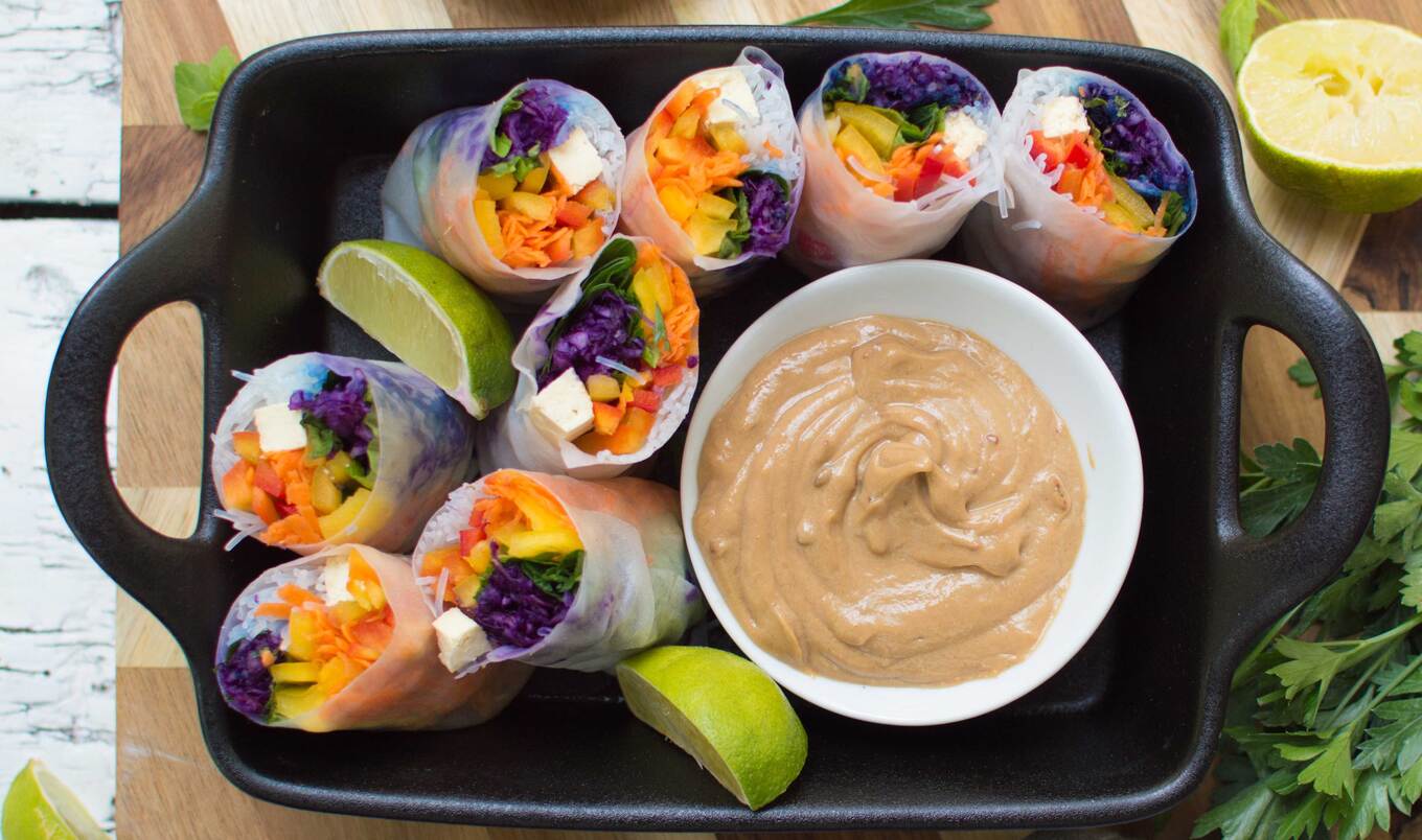 Rainbow Spring Rolls With Peanut Dipping Sauce