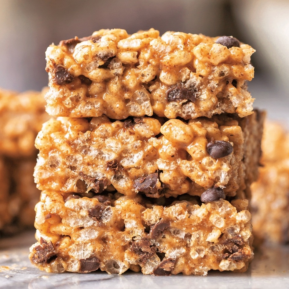 Vegan Rice Crispy Treats With Salted Almond Butter and Chocolate Chips