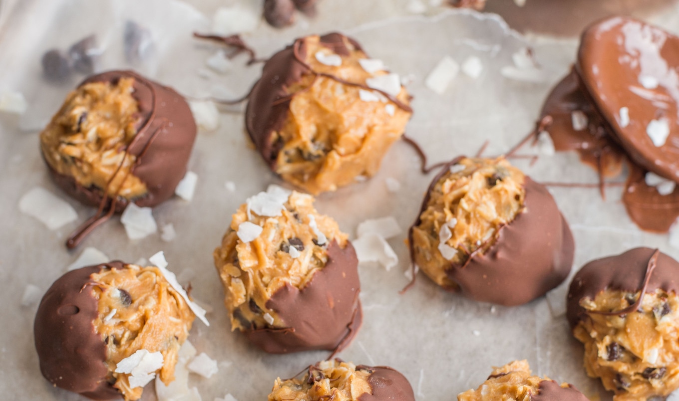 Vegan Chocolate-Dipped Peanut Butter Coconut Oat Bites