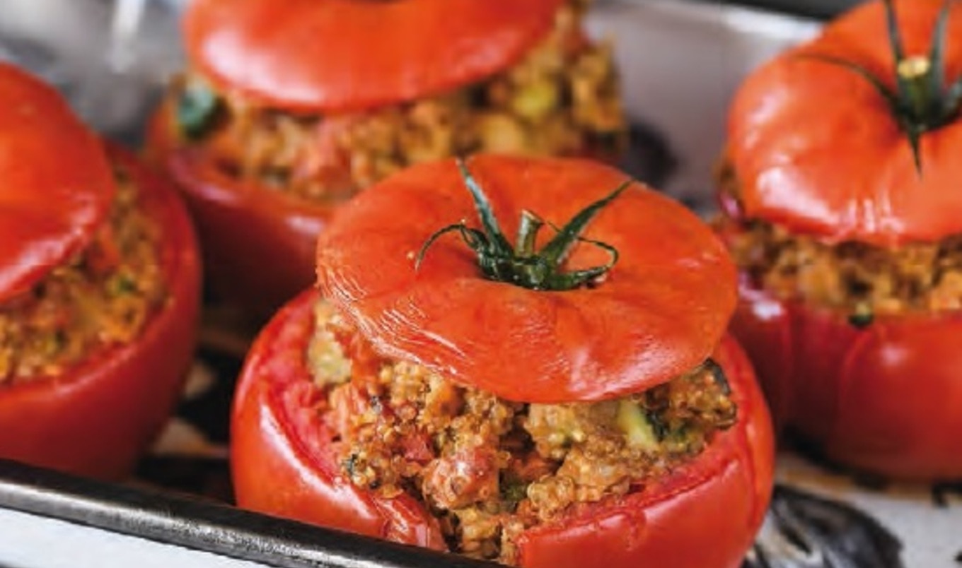 Vegan Pesto Stuffed Tomatoes With Seasonal Vegetables&nbsp;