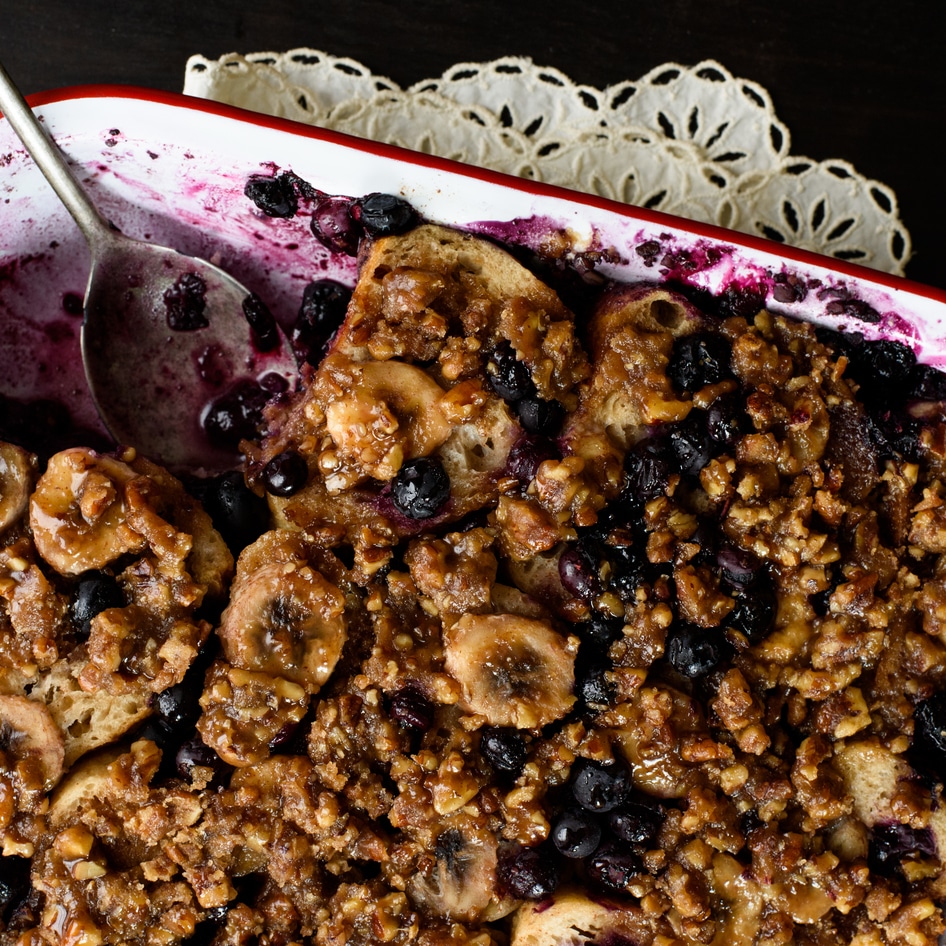 Vegan Buttery Blueberry-Banana and Praline French Toast Casserole