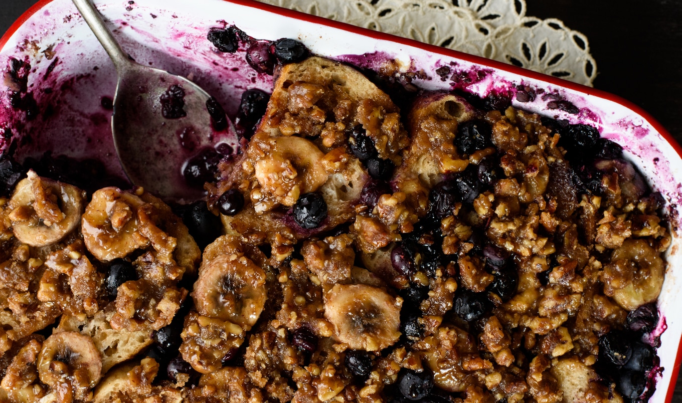 Vegan Buttery Blueberry-Banana and Praline French Toast Casserole