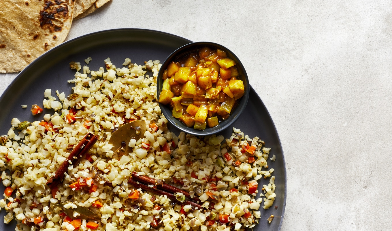 Vegan Cauliflower Rice Biryani With Mango Chutney