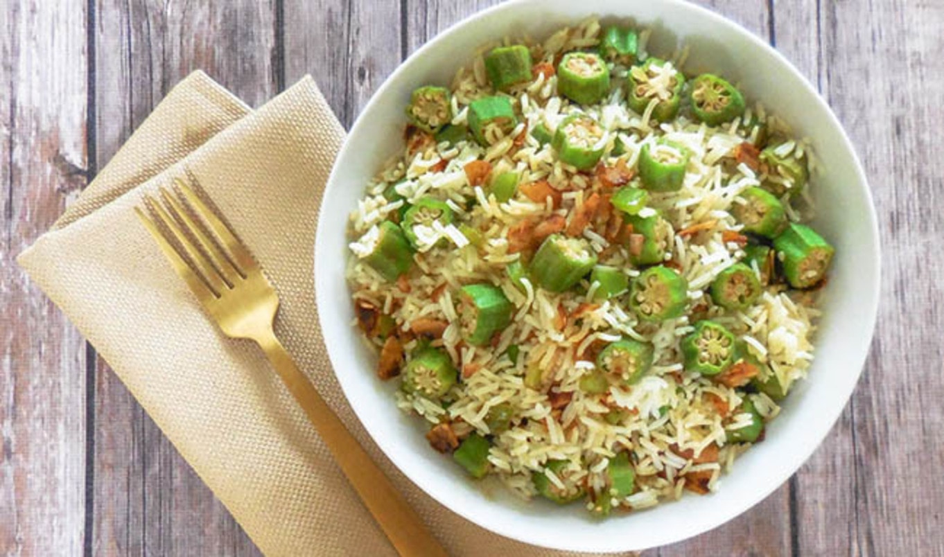 Quick and Easy Okra Pilaf With Coconut Bacon