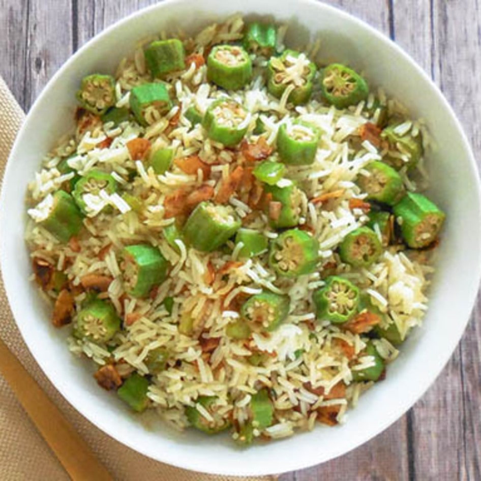 Quick and Easy Okra Pilaf With Coconut Bacon