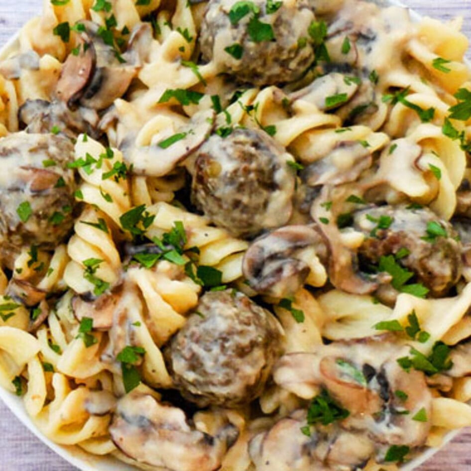 Vegan Lentil Meatball Stroganoff