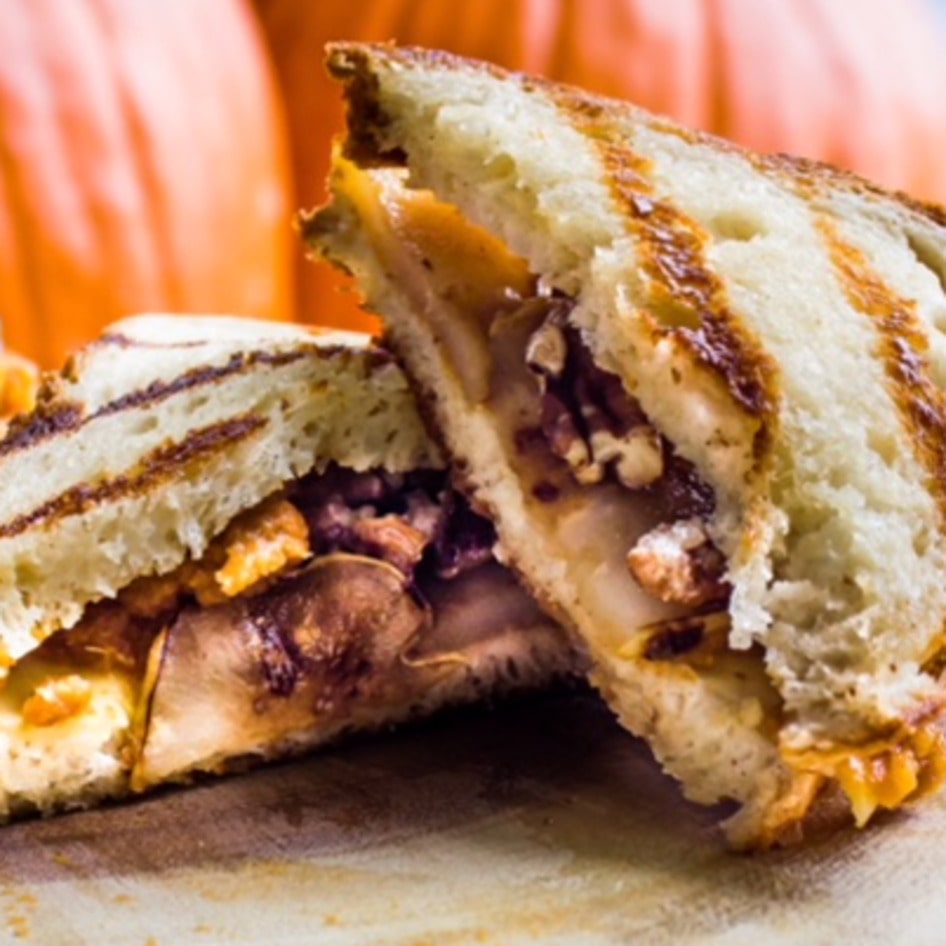 Vegan Grilled Cheese With Pumpkin, Pear, and Candied Pecans