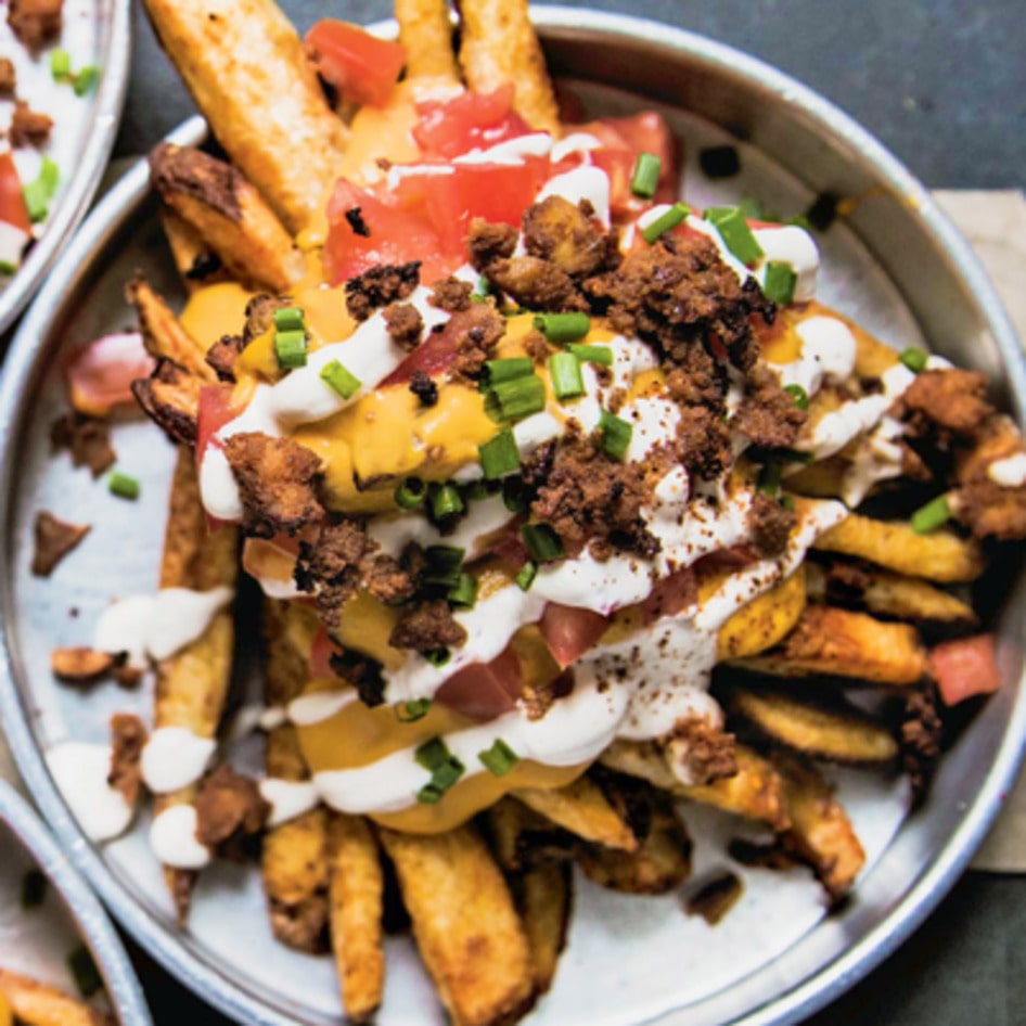 Supreme Vegan Nacho Fries With Tofu Bacon Crumbles