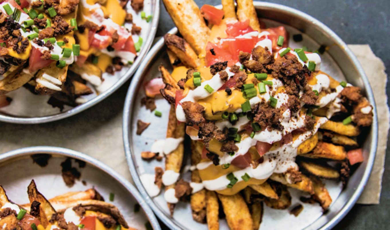 Supreme Vegan Nacho Fries With Tofu Bacon Crumbles