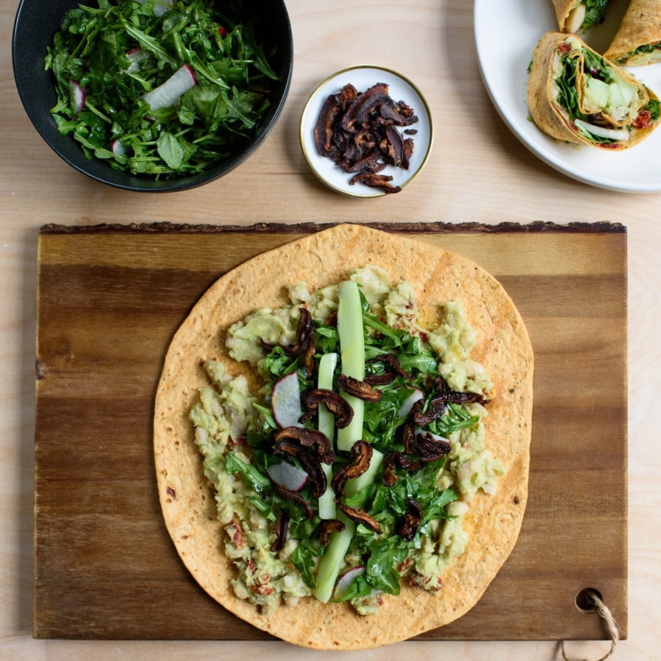 Vegan Avocado, White Bean, and Arugula Wraps With Crispy Shiitake Mushrooms