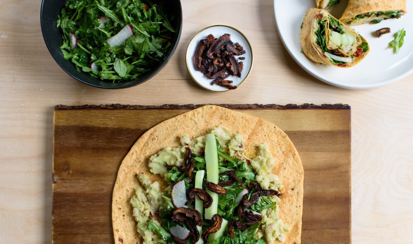 Vegan Avocado, White Bean, and Arugula Wraps With Crispy Shiitake Mushrooms