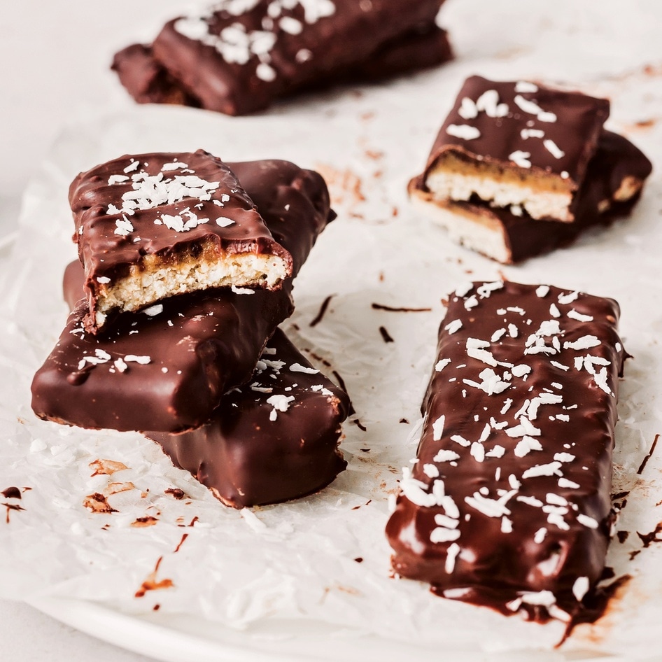 Vegan Chocolate-Dipped Coconut Caramel Cookie Bars