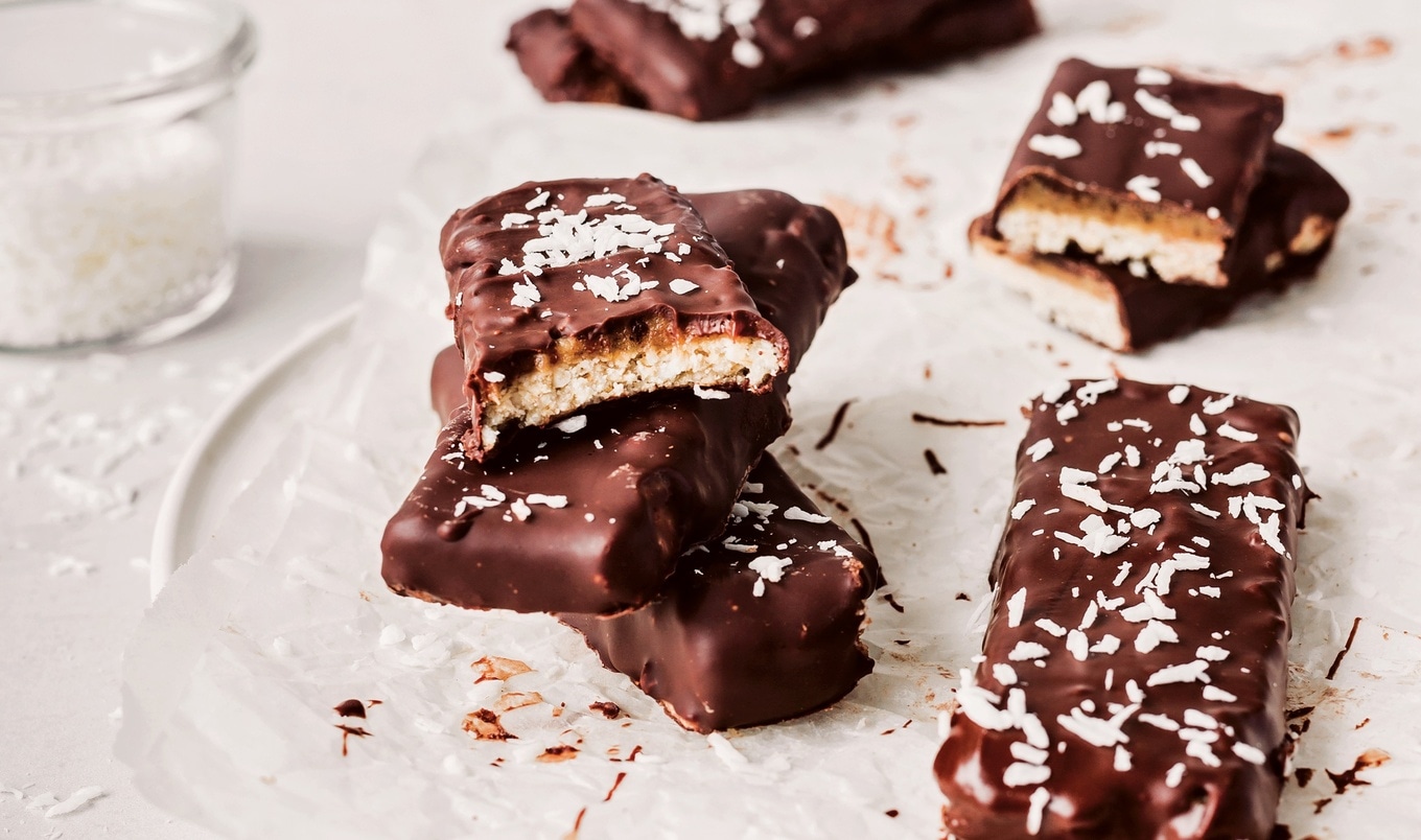 Vegan Chocolate-Dipped Coconut Caramel Cookie Bars