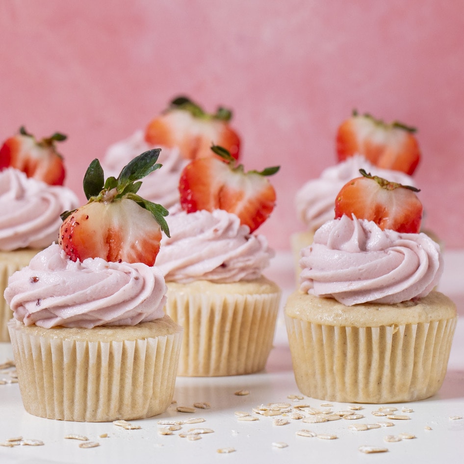 Vegan Buttermilk Oat Cupcakes With Strawberry Buttercream Frosting