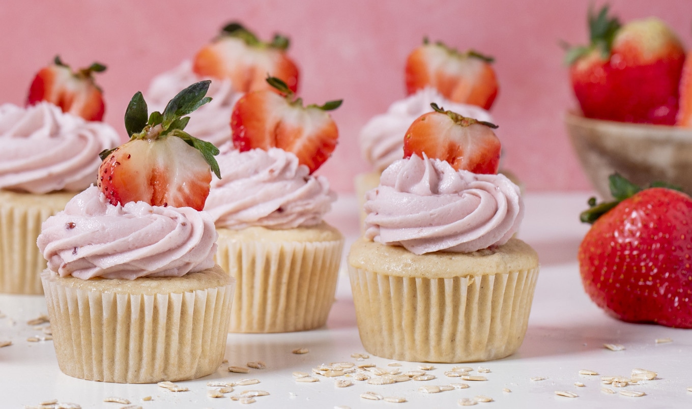 Vegan Buttermilk Oat Cupcakes With Strawberry Buttercream Frosting