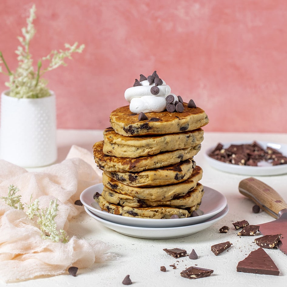 Fluffy Vegan Peanut Butter Chocolate Chip Pancakes