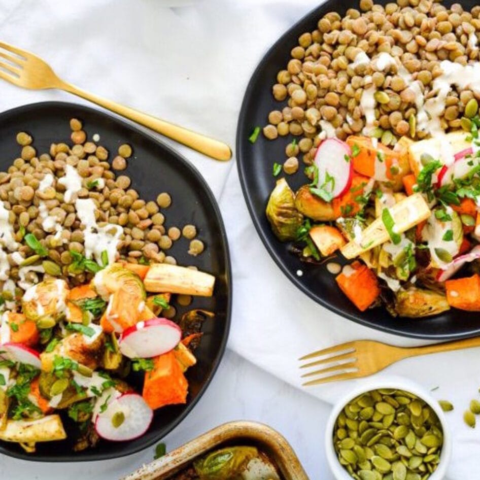 Herb-Roasted Autumn Harvest Bowls With Creamy Tahini Dressing