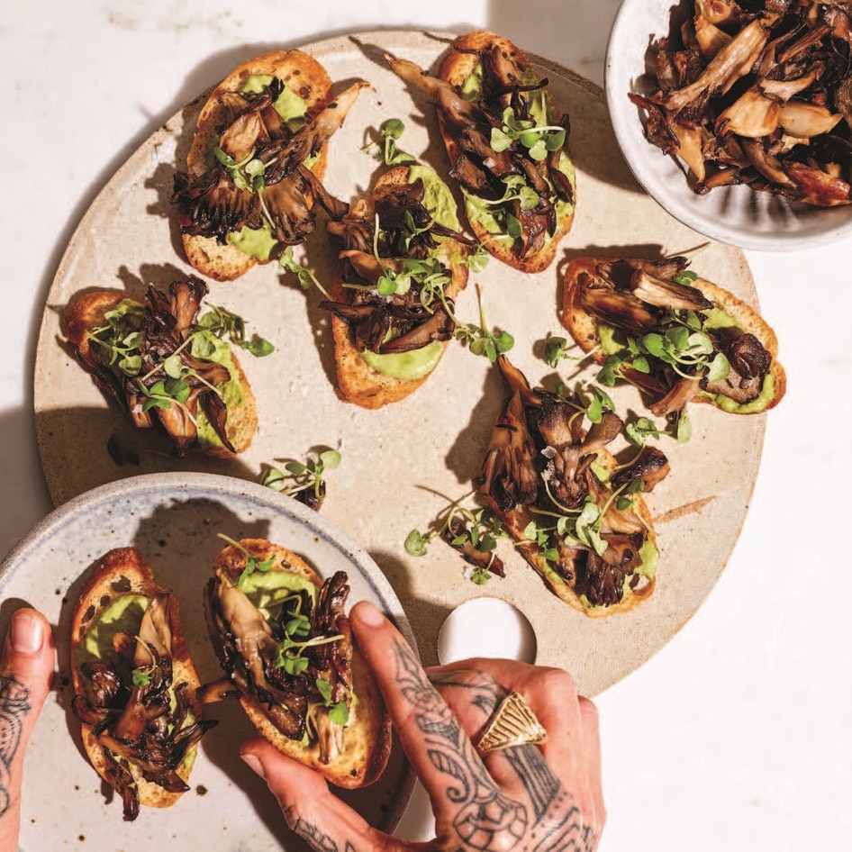 Crispy Herb-Roasted Maitake Vegan Crostini With Walnut Pesto Aioli