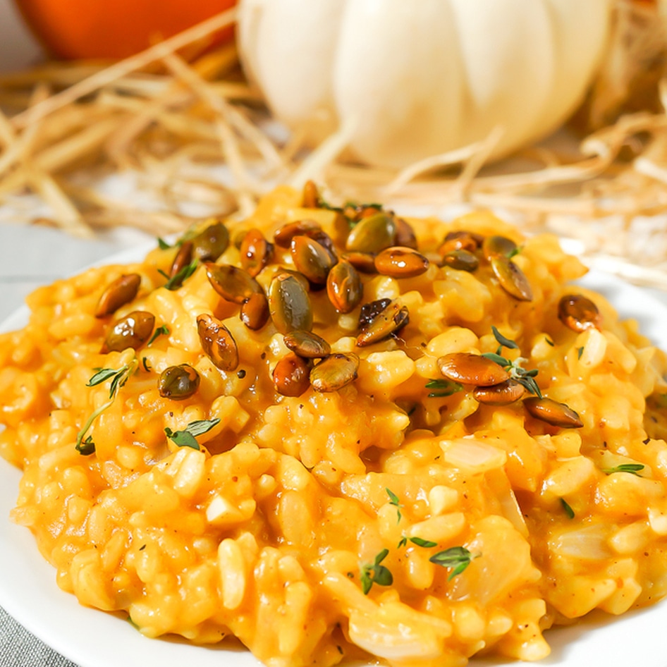 Vegan Creamy Pumpkin Risotto With Roasted Pepitas