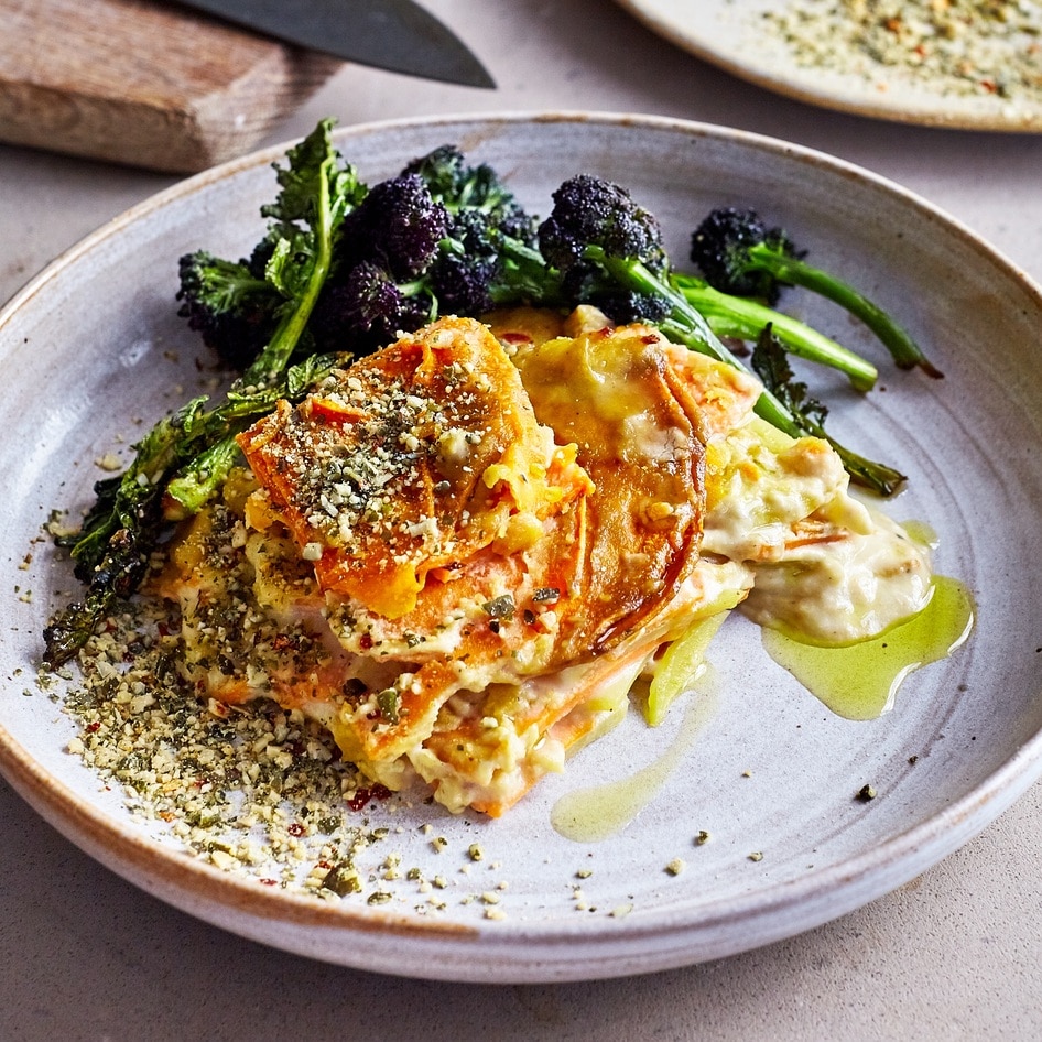 Vegan Sweet Potato and Chili Dauphinoise With Spicy Pumpkin Seasoning&nbsp;