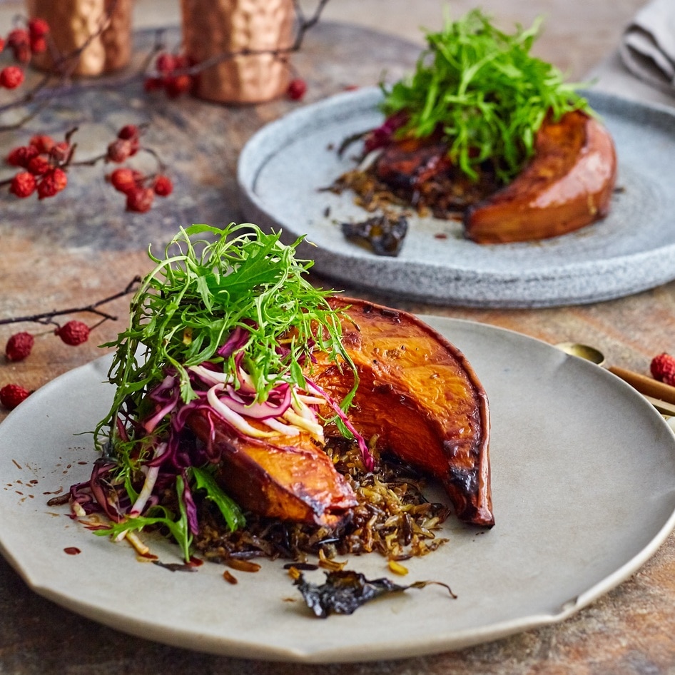 Roasted Sweet Basil Squash With Wild Rice and Mustard Greens Salad