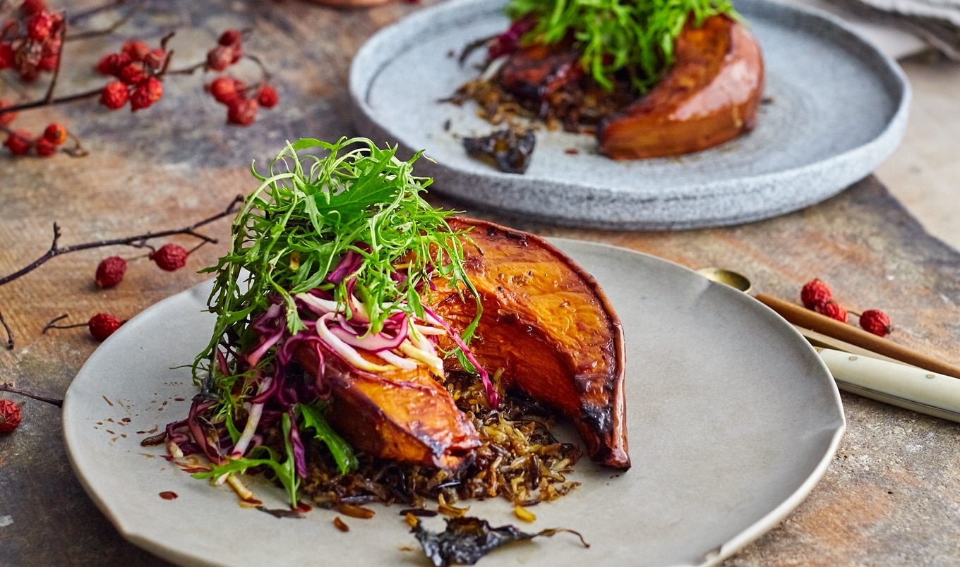 Roasted Sweet Basil Squash With Wild Rice and Mustard Greens Salad