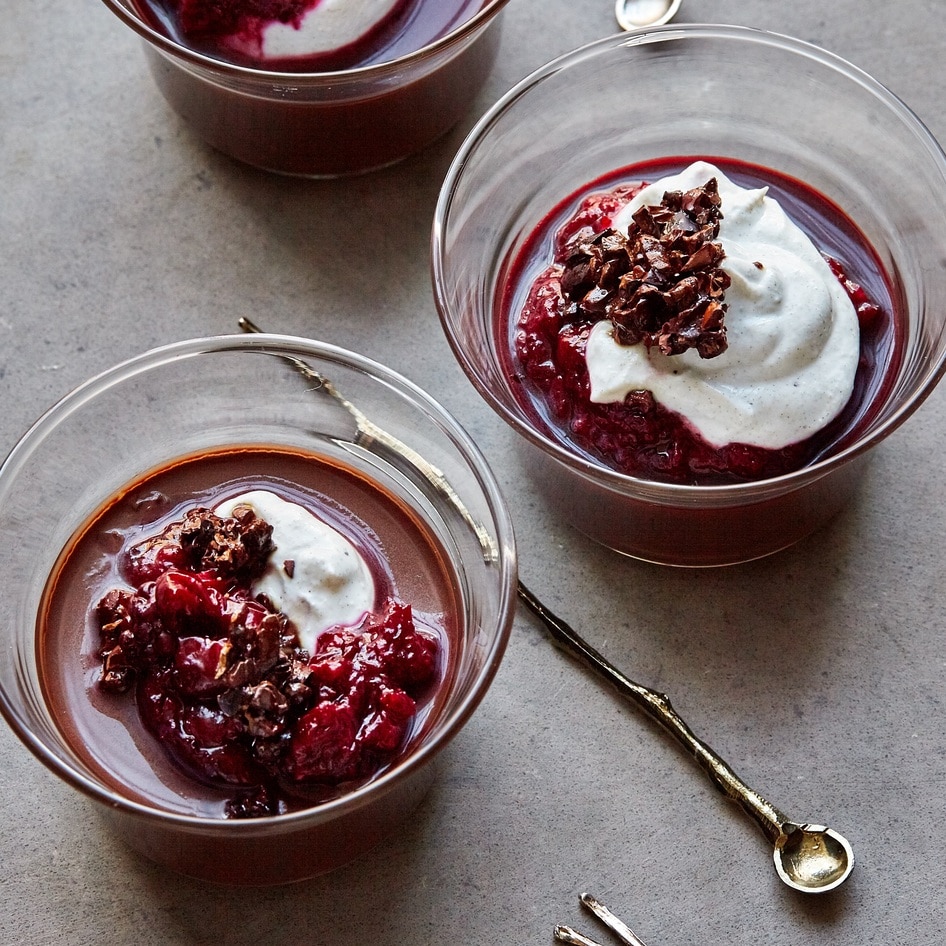 Vegan Chocolate Mousse With Candied Cacao Nibs and Cherry Compote