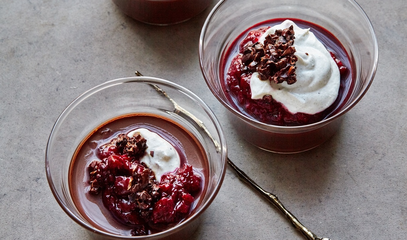 Vegan Chocolate Mousse With Candied Cacao Nibs and Cherry Compote