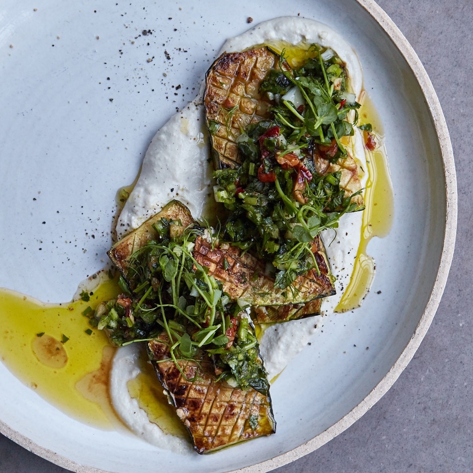 Vegan Sizzling Zucchini With Creamy Tzatziki and Chimichurri Sauce