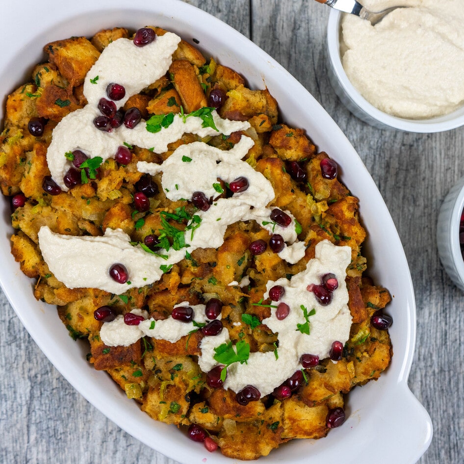 Vegan Pomegranate Stuffing With Lemon-Cashew Cream Sauce