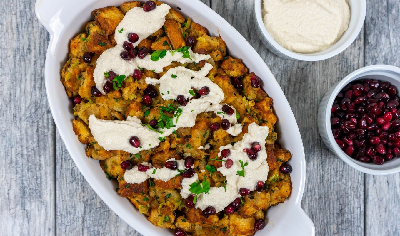 Vegan Pomegranate Stuffing With Lemon-Cashew Cream Sauce