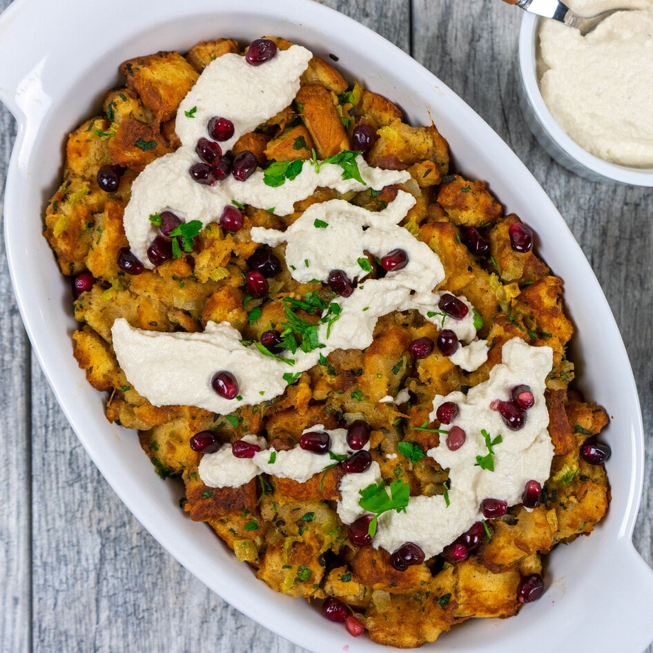 Vegan Pomegranate Stuffing With Lemon-Cashew Cream Sauce