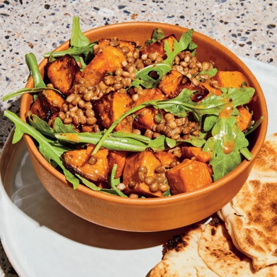 Vegan Warm Lentil, Sweet Potato, and Arugula Salad