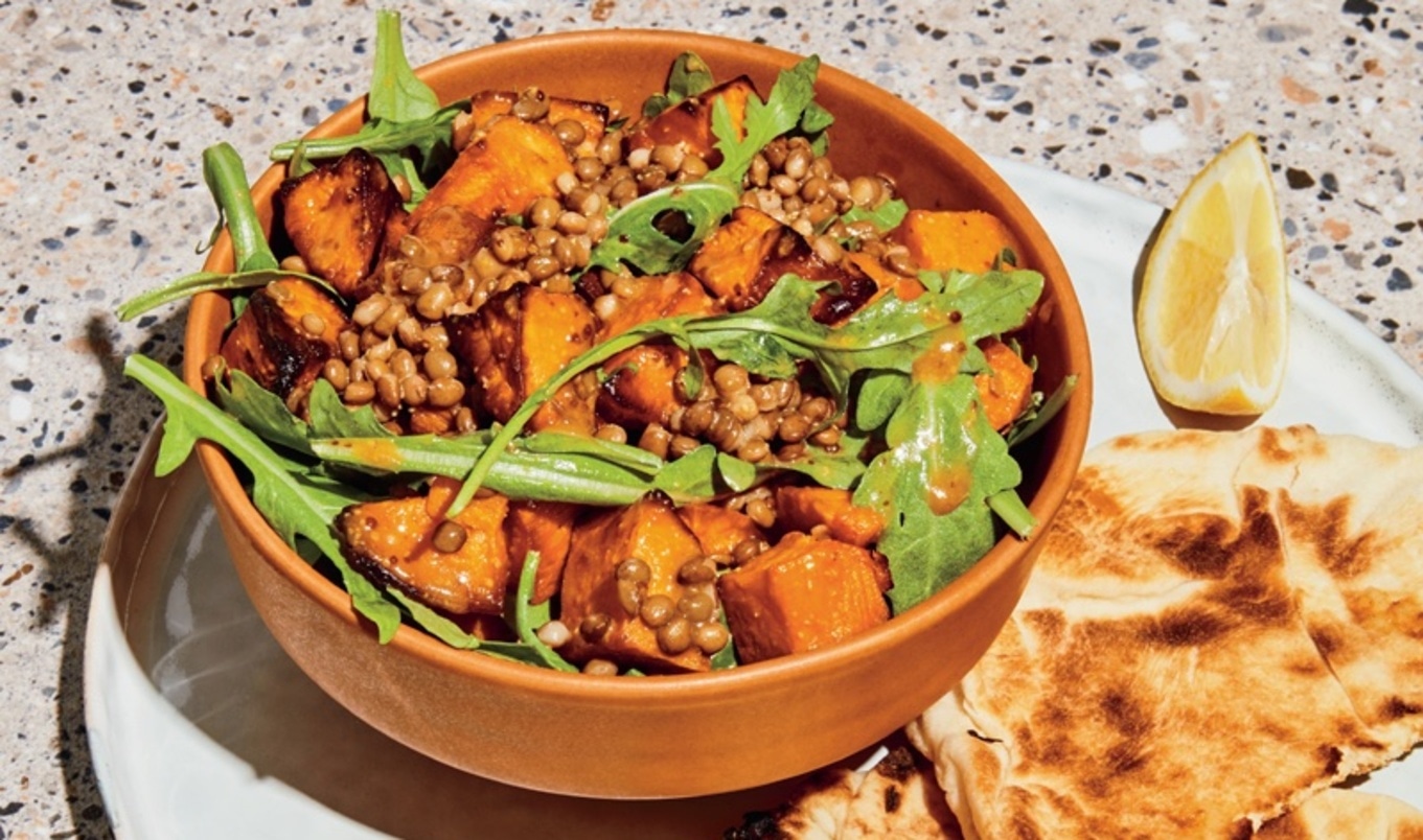 Vegan Warm Lentil, Sweet Potato, and Arugula Salad