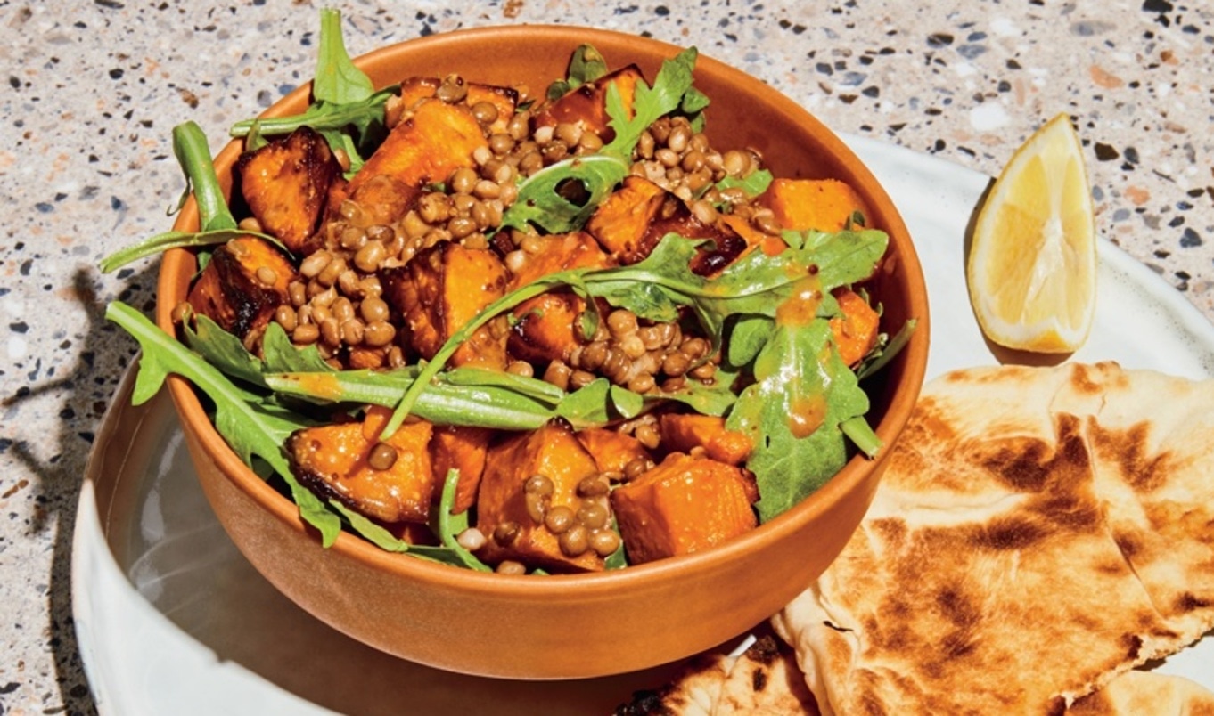 Vegan Warm Lentil, Sweet Potato, and Arugula Salad