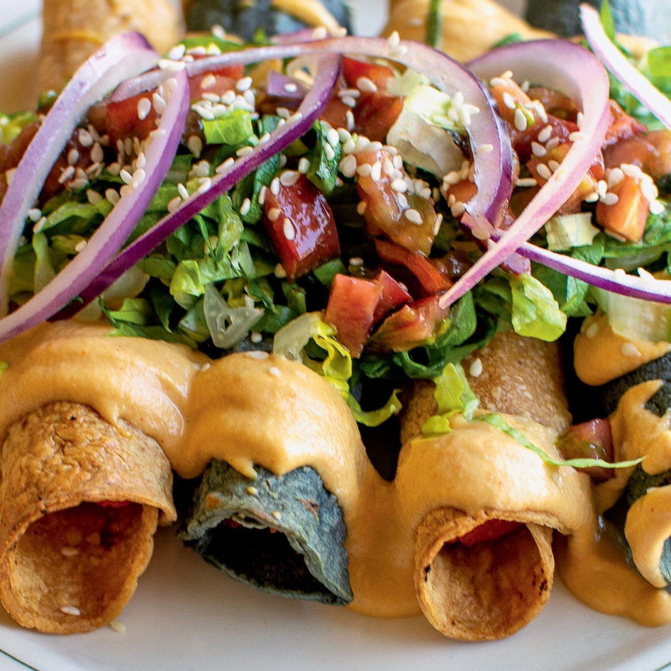 Vegan Baked Sweet Potato Flautas With Cashew Queso