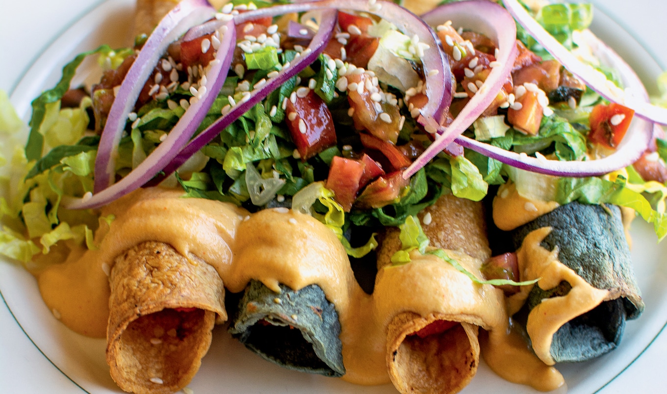 Vegan Baked Sweet Potato Flautas With Cashew Queso