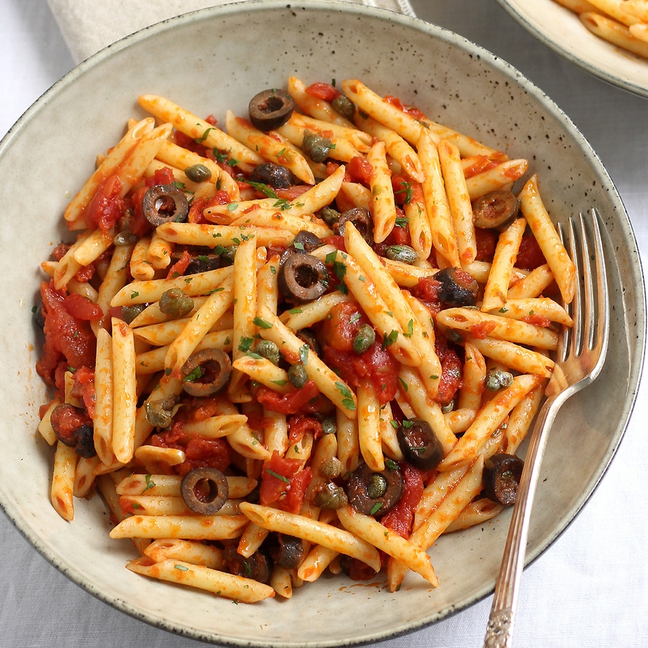 Vegan Penne Puttanesca With Salty Olives and Capers