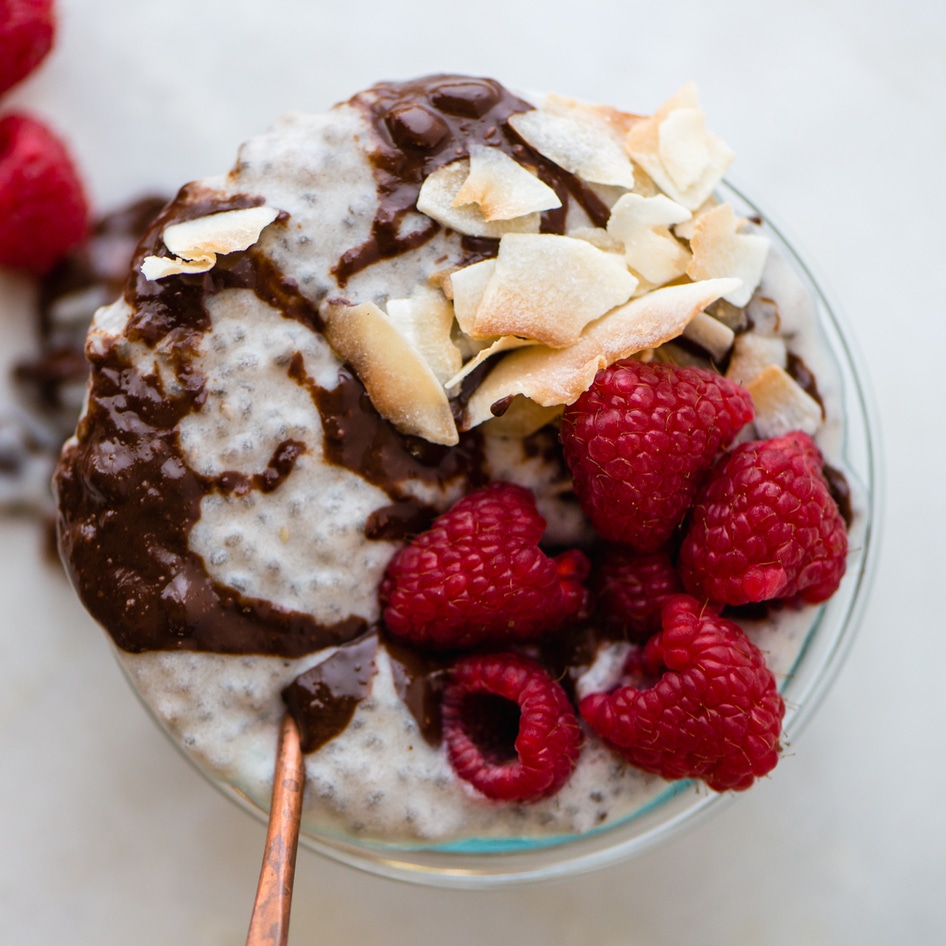 Banana Tahini Chia Pudding With Peanut Butter Chocolate Sauce