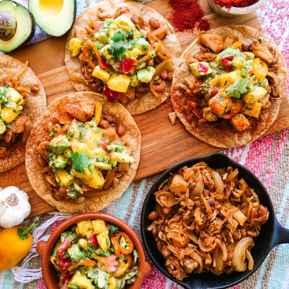 Vegan Chili Jackfruit Tostadas With Mango-Avocado Salsa